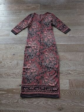 Peruvian Connection Burgundy & Black Floral V-Neck Maxi Dress Size Small